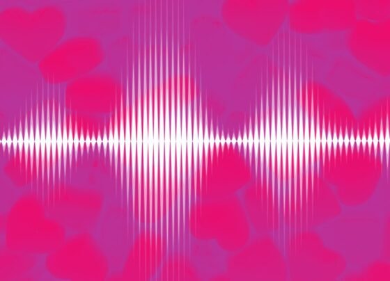 grapic depiction of white soundwaves on pinkish background