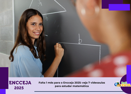 Estudante no quadro nedro com formas geométricas e título da noticia
