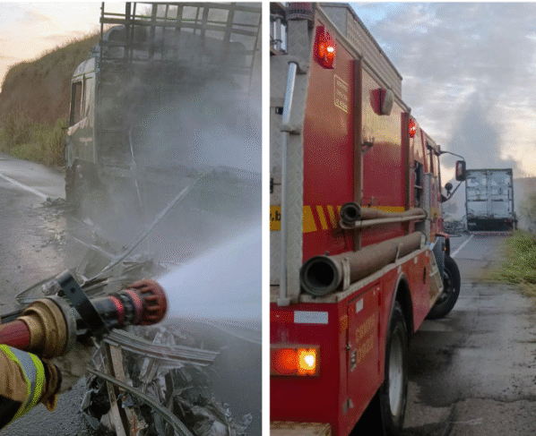 Bombeiros combatem incêndio em caminhão, próximo a Estrela Dalva