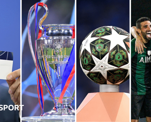 A split image of FC Noah during the qualifying draw, Champions League trophy, Champions League ball and Virtus celebrate