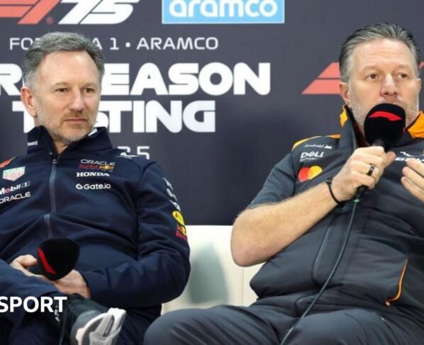 Christian Horner and Zak Brown in a news conference during pre-season testing