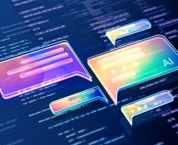 Digital generated image of abstract AI data chat icons flying over digital surface with codes