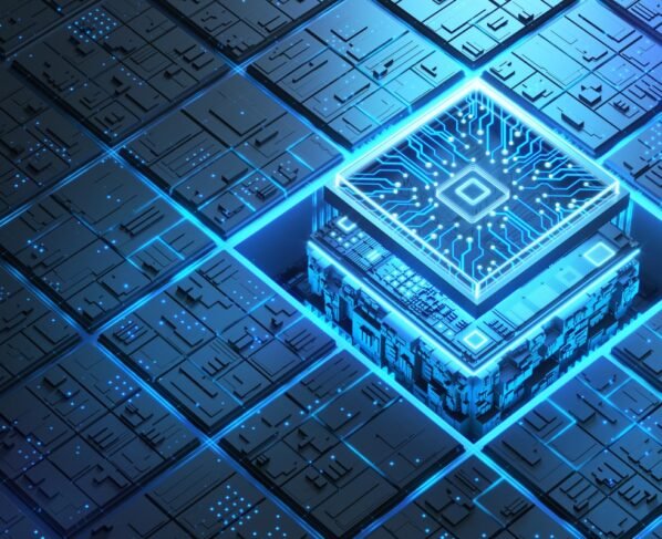 Blue glowing futuristic semiconductor and circuit board.
