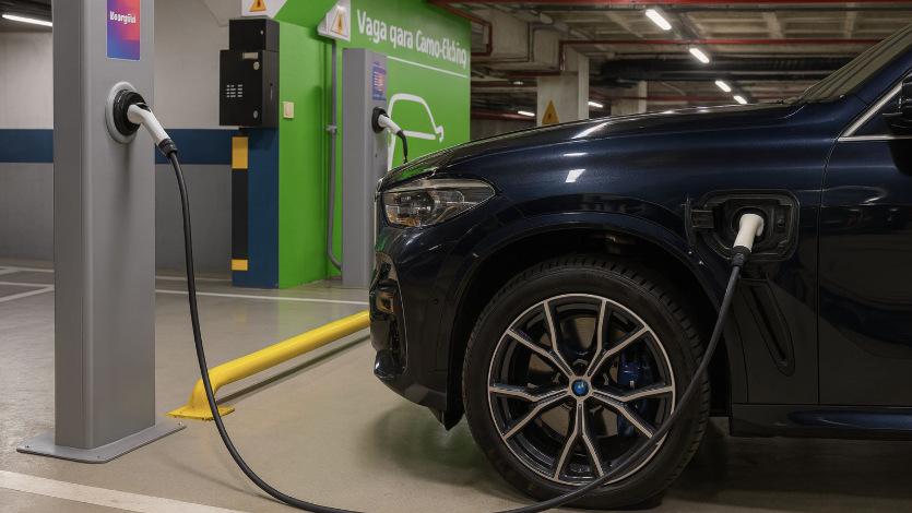 Carro elétrico em abastecimento em garagem