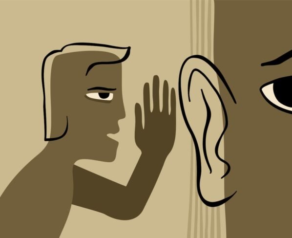 Fake news - abstract drawn person whispers gossip in another persons ear. Vector illustration