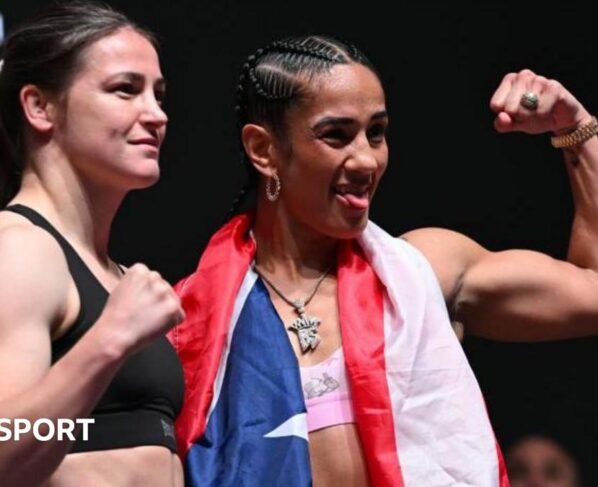 Katie Taylor smiles with her fist up while Amanda Serrano sticks her tongue out while flexing