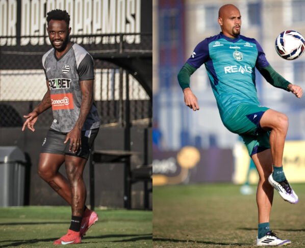 David Braga sorri durante treino do Athletic. Nicolas Careca controla a bola durante treino do Coritiba. (foto: Divulgação: Athletic e Coritiba)